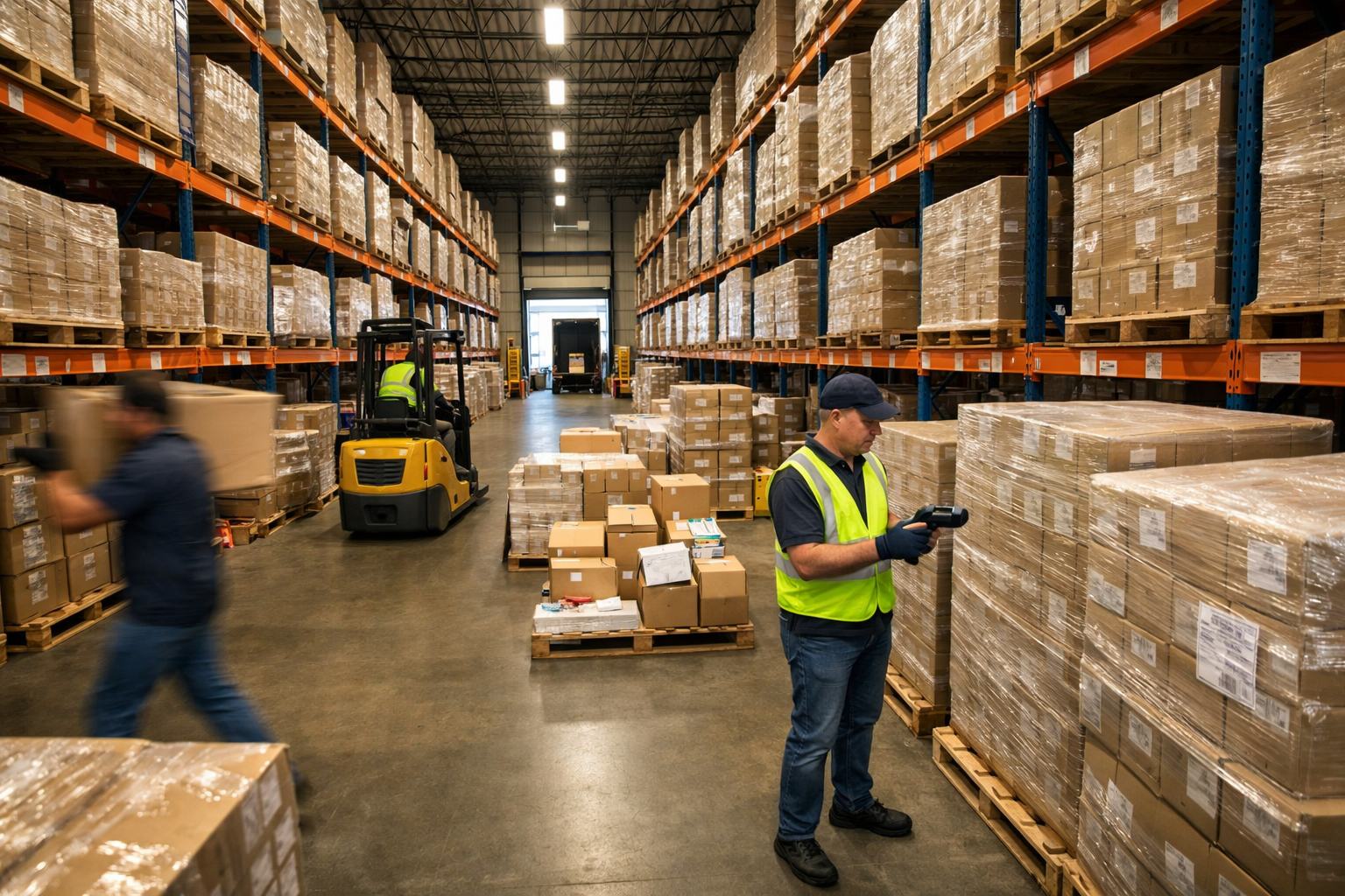 Warehouse with tall shelves and boxes. A worker in a yellow vest scans packages, another carries a box, and a forklift operates nearby.