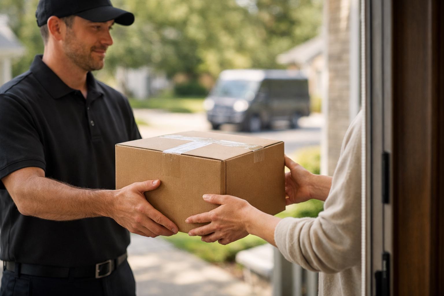 Delivery person in black uniform hands a brown package to someone at a door. Background shows a van and green trees, depicting a sunny day.