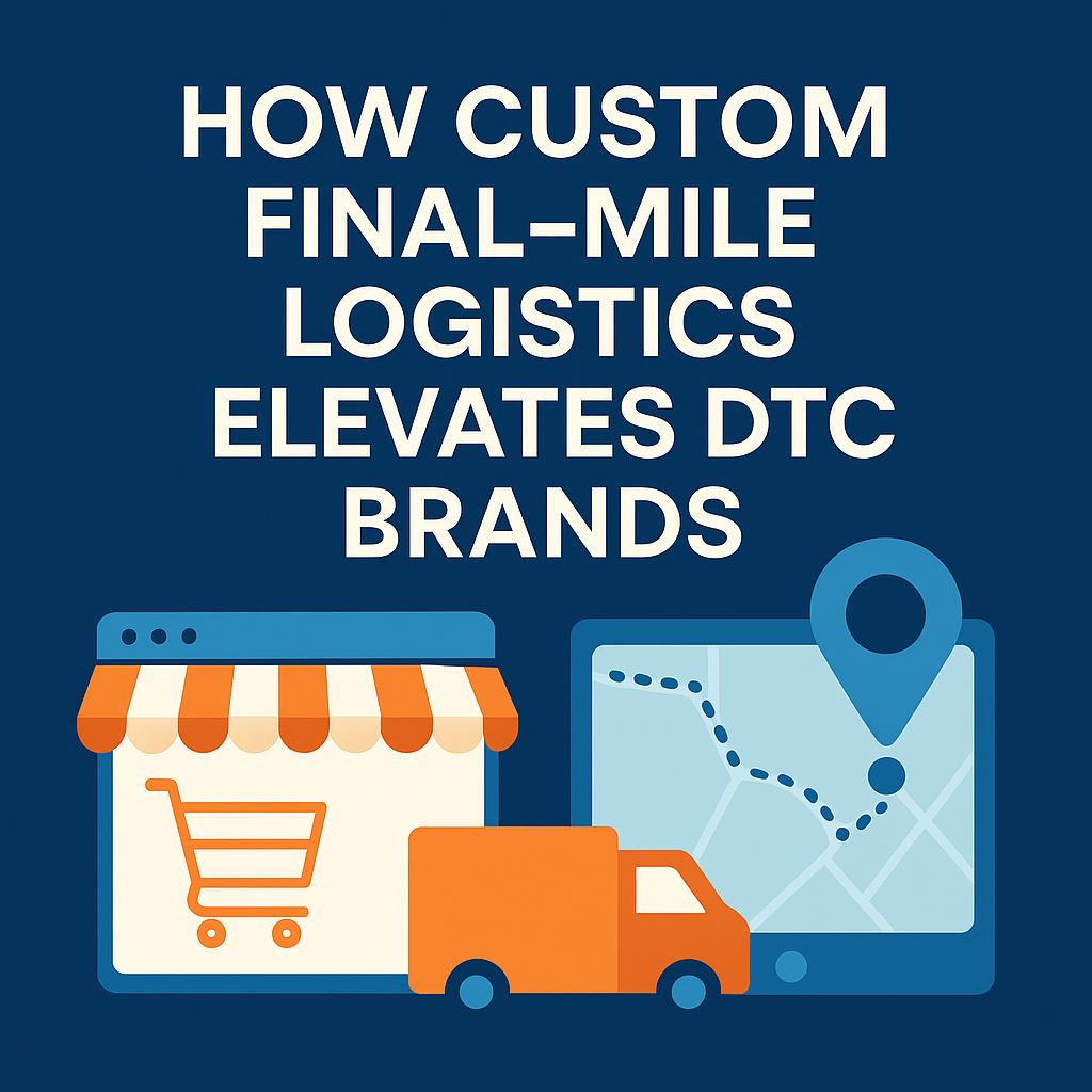 Text reads “How Custom Final-Mile Logistics Elevates DTC Brands” over icons of a storefront, delivery truck, and map on a blue background.