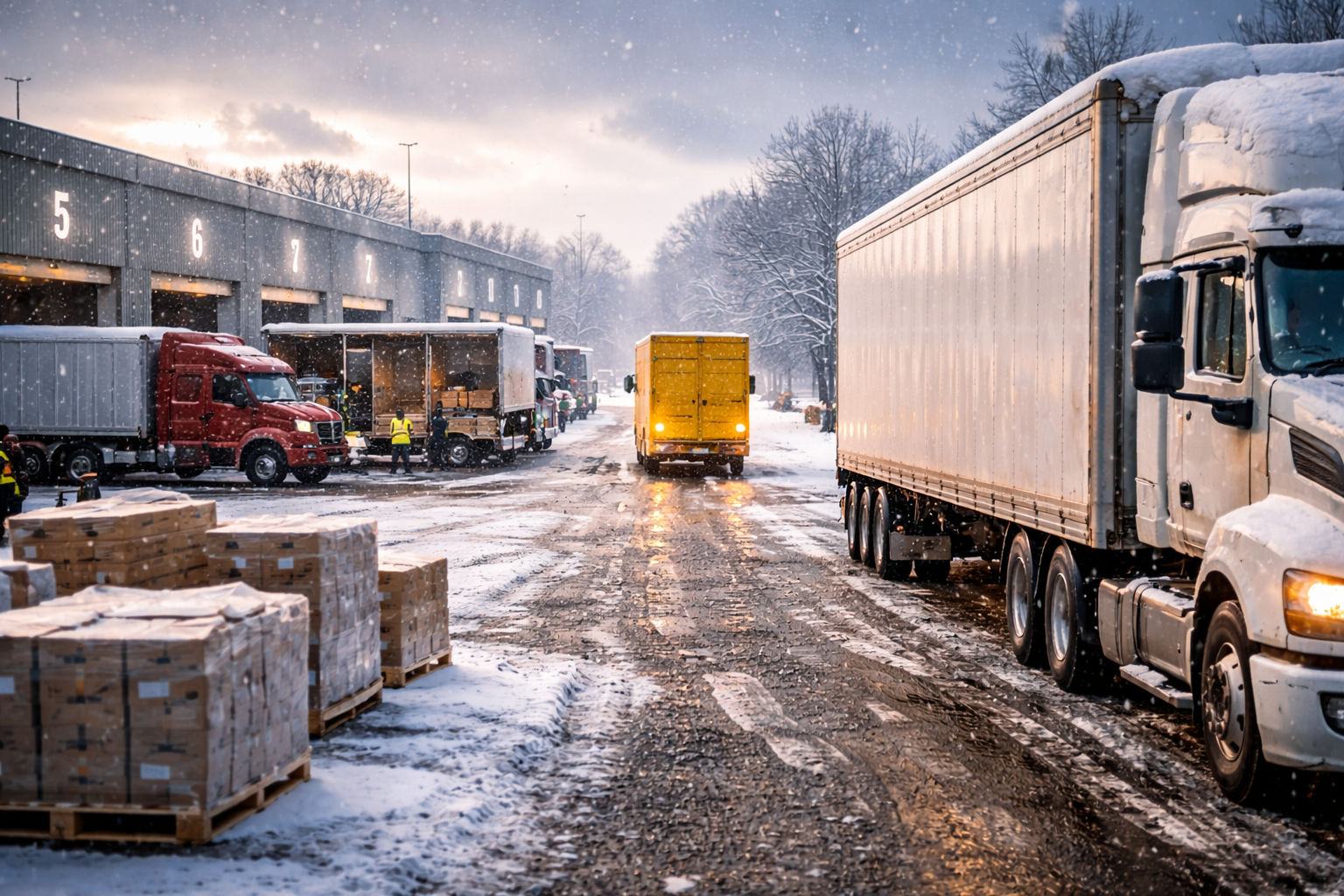 Snowy warehouse scene with trucks being loaded. Workers in hi-vis vests. Gray building with numbered bays. Overcast sky.