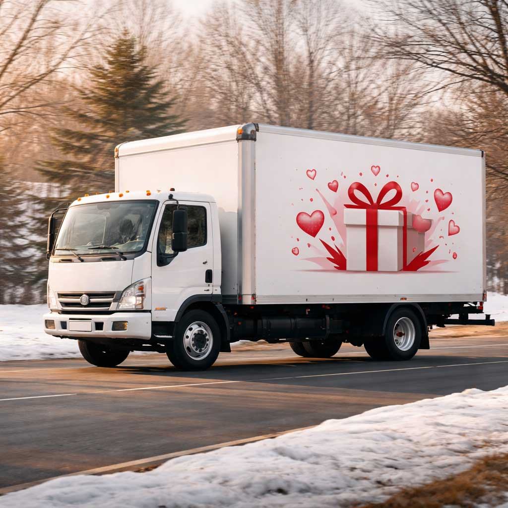 Delivery truck with gift and hearts design drives on a snowy road. Trees in the background, warm light creates a festive mood.