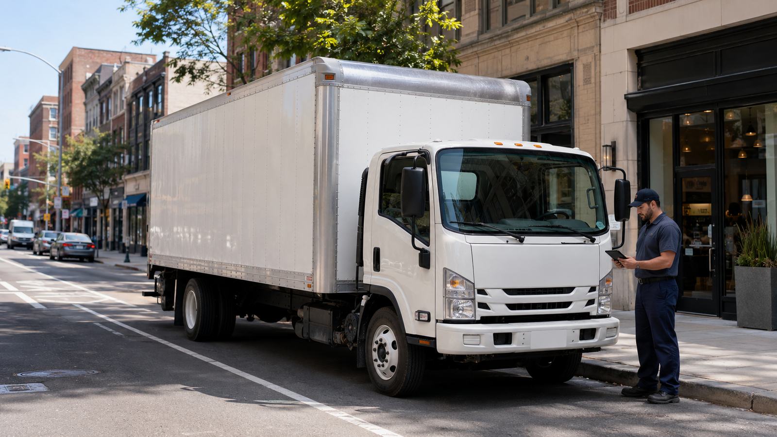 White box truck parked on a sunny city street as a man in a navy uniform checks a tablet beside it.