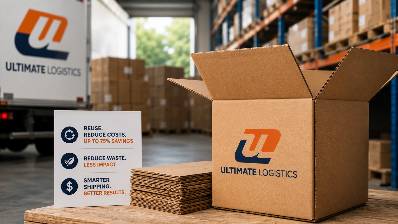 Open cardboard box and stack of flat boxes beside a sign in a warehouse, with Ultimate Logistics branding and savings text.