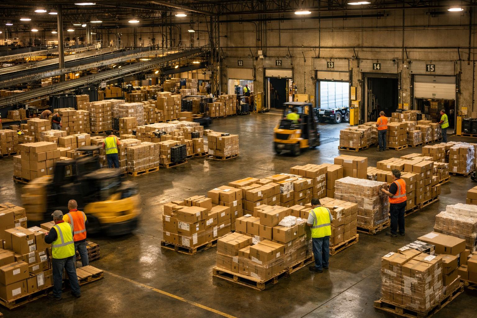 Warehouse scene with workers in safety vests organizing boxes on pallets. Forklifts move nearby. Loading docks numbered 11–15 in background.