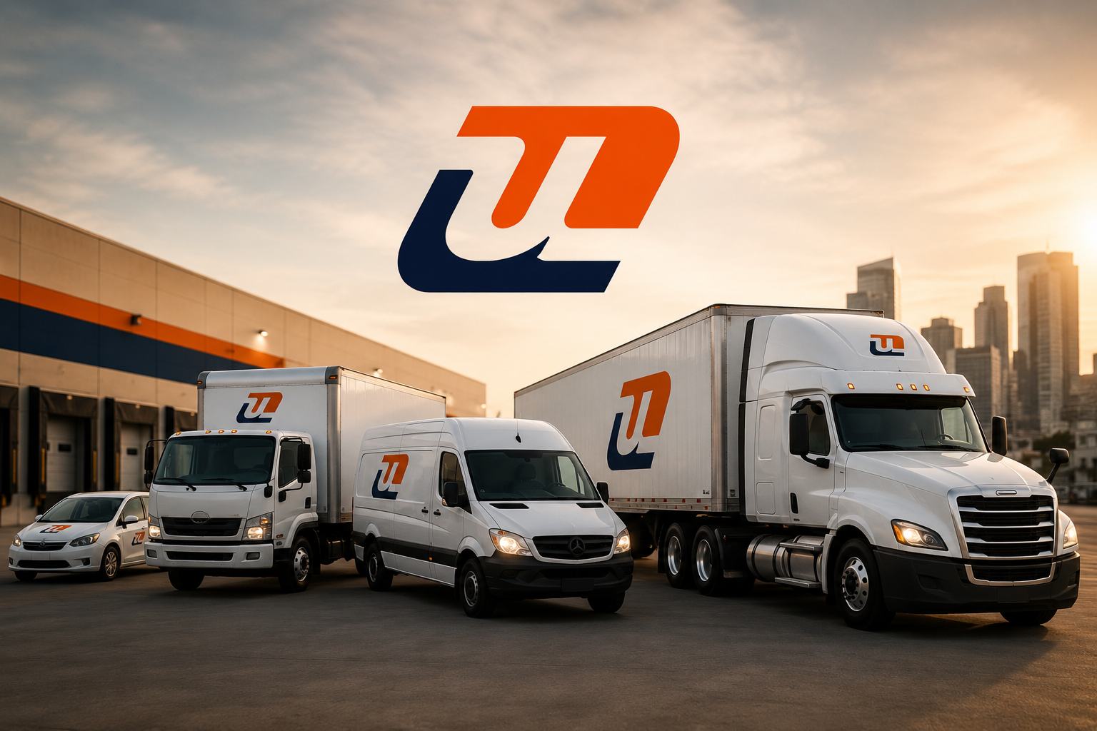 Delivery trucks, vans, and car with orange-blue logo parked by a warehouse at sunset, with a city skyline behind.