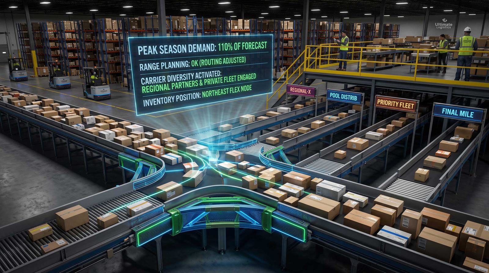 Futuristic warehouse with boxes on conveyors, workers on mezzanine, and glowing display reading Peak Season Demand: 110% of Forecast