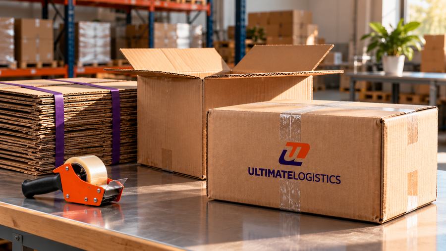 Ultimate Logistics corrugated box beside a stack of flattened boxes ready for reuse