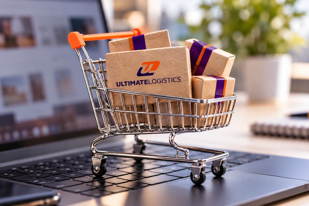 Miniature shopping cart holding Ultimate Logistics boxes on a laptop keyboard