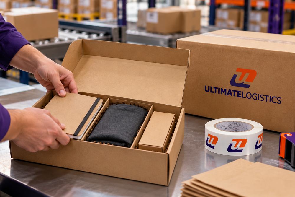 Packer assembling a kitted order in a shipping box beside Ultimate Logistics cartons and branded tape