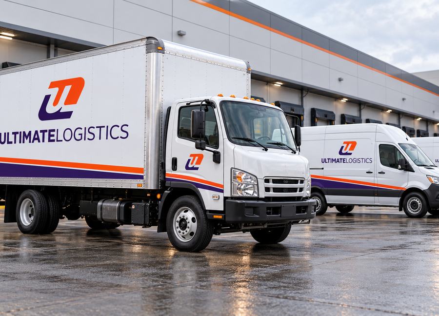Two Ultimate Logistics box trucks parked side by side